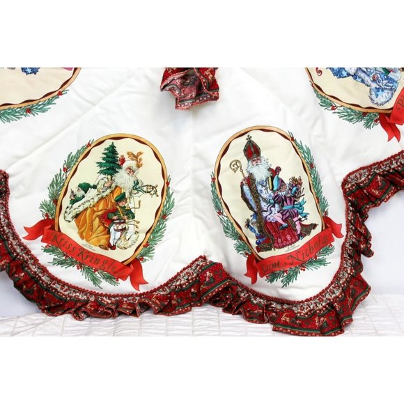 VTG 1980s Handmade Tree Skirt Cheryl Johnson Print Santa Sleigh Reindeer Trim - Picture 4 of 8